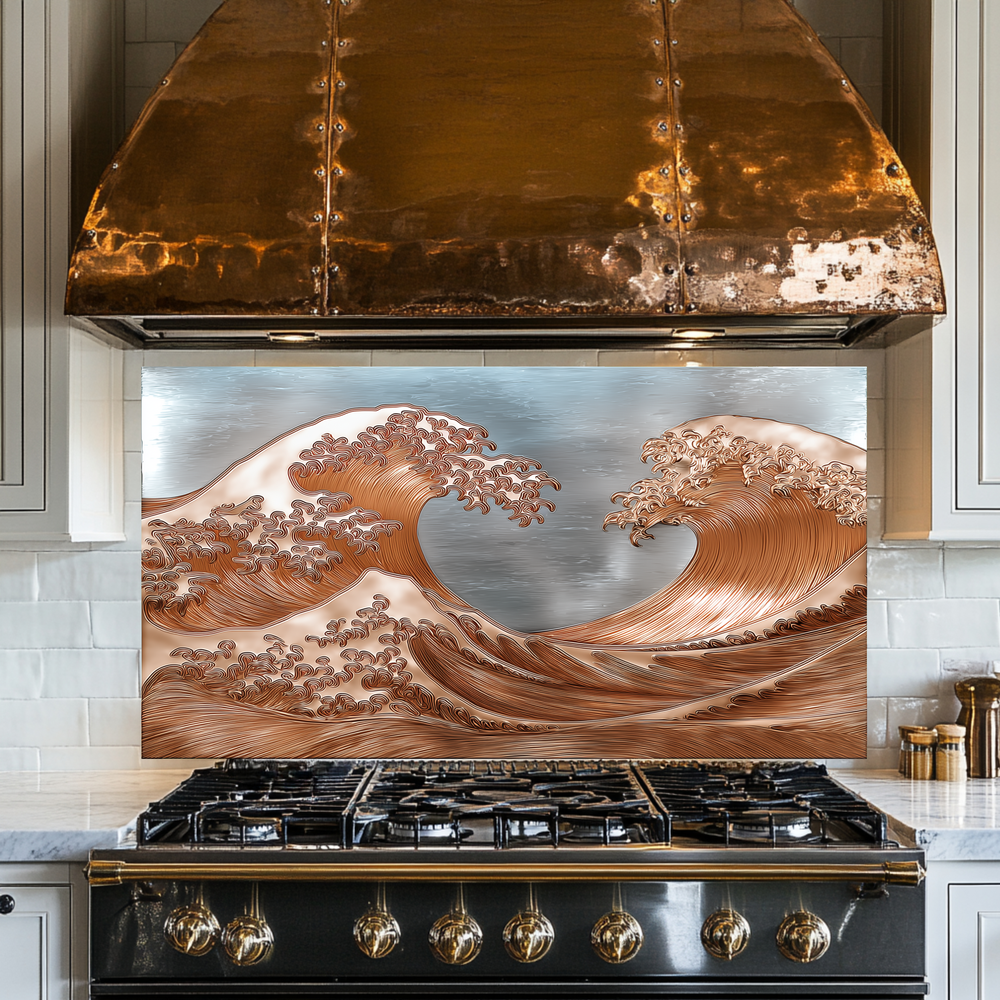 Copper Look Ocean Wave Glass Backsplash • Coastal Wall Art Panel • Artistic Blue Water Kitchen Decor • Textured Inspired Ocean Tile