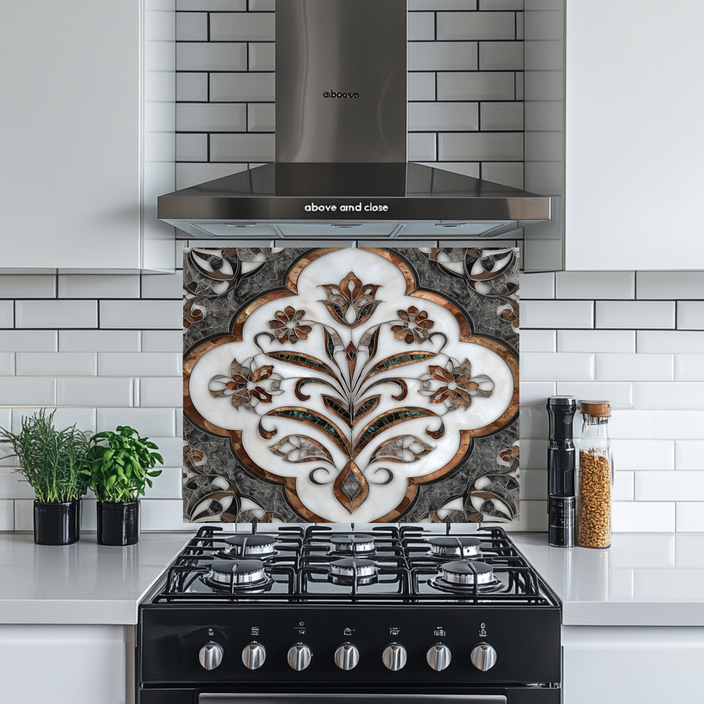 Ottoman Pattern on Marble Print Background Glass Backsplash for Kitchen Stove, Custom Wall Art, Heat-Resistant Kitchen Decor