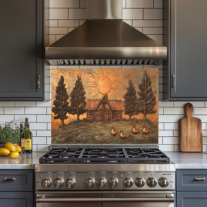 Copper Look Nature and Roosters Landscape Glass Backsplash • Rustic Wall Art Panel • Peaceful Home Decor • Decorative Tile for Stove Behind