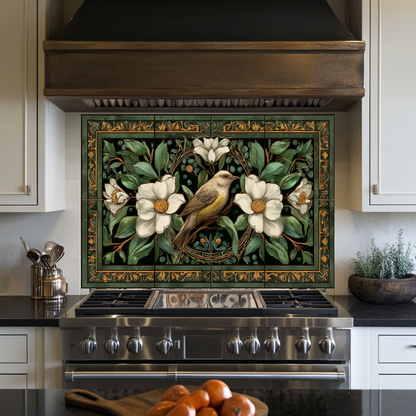 Bird and Floral Glass Backsplash Tile, Decorative Kitchen Wall Art, Custom Glass Panel, Made in USA