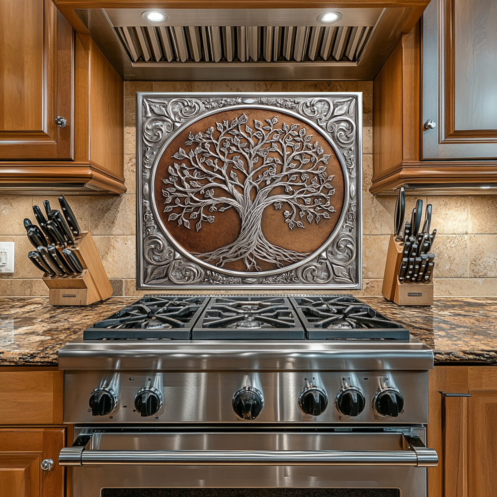 Glass Backsplash, Copper Look One Piece Tempered Glass Kitchen Splashback for Stove Behind, Tree of Life Backsplash, Kitchen Backsplash