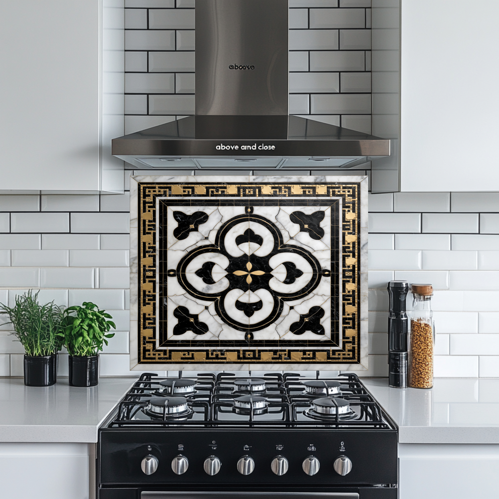 Ottoman Pattern on Marble Print Background Glass Backsplash for Kitchen Stove, Custom Wall Art, Heat-Resistant Kitchen Decor