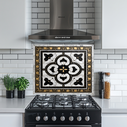 Ottoman Pattern on Marble Print Background Glass Backsplash for Kitchen Stove, Custom Wall Art, Heat-Resistant Kitchen Decor