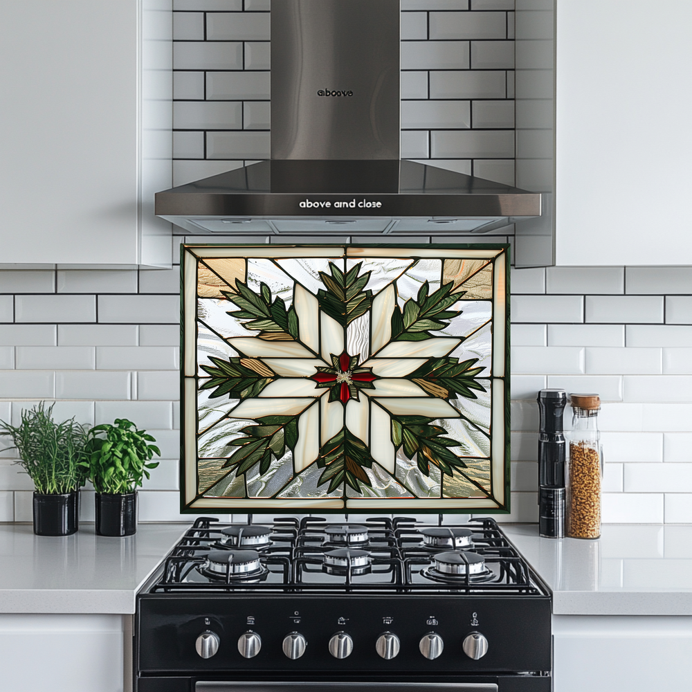 Stained Glass Leaves Kitchen Backsplash • Nature Inspired Glass Panel with Leaf Motifs • Heat-Resistant Glass for Stove Behind