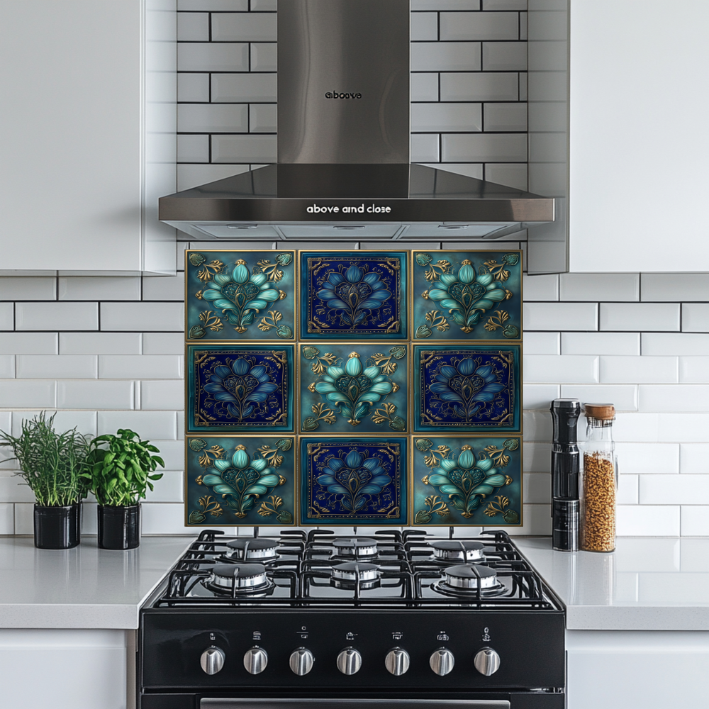 Glass Backsplash, Pattern Tile Look One Piece Tempered Glass Kitchen Splashback For Stove Behind, Blue Tile Backsplash, Kitchen Backsplash