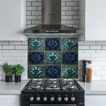 Glass Backsplash, Pattern Tile Look One Piece Tempered Glass Kitchen Splashback For Stove Behind, Blue Tile Backsplash, Kitchen Backsplash
