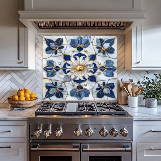 Blue&Gold Pattern Marble Look One Piece Tempered Glass Kitchen Splashback For Stove Behind, Kitchen Backsplash, Kitchen Backsplash, Wall Art