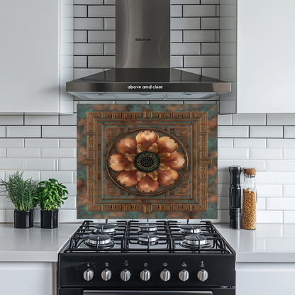 Floral Copper Look Kitchen Backsplash, Pattern Tile One Piece Tempered Glass Kitchen Splashback For Stove Behind