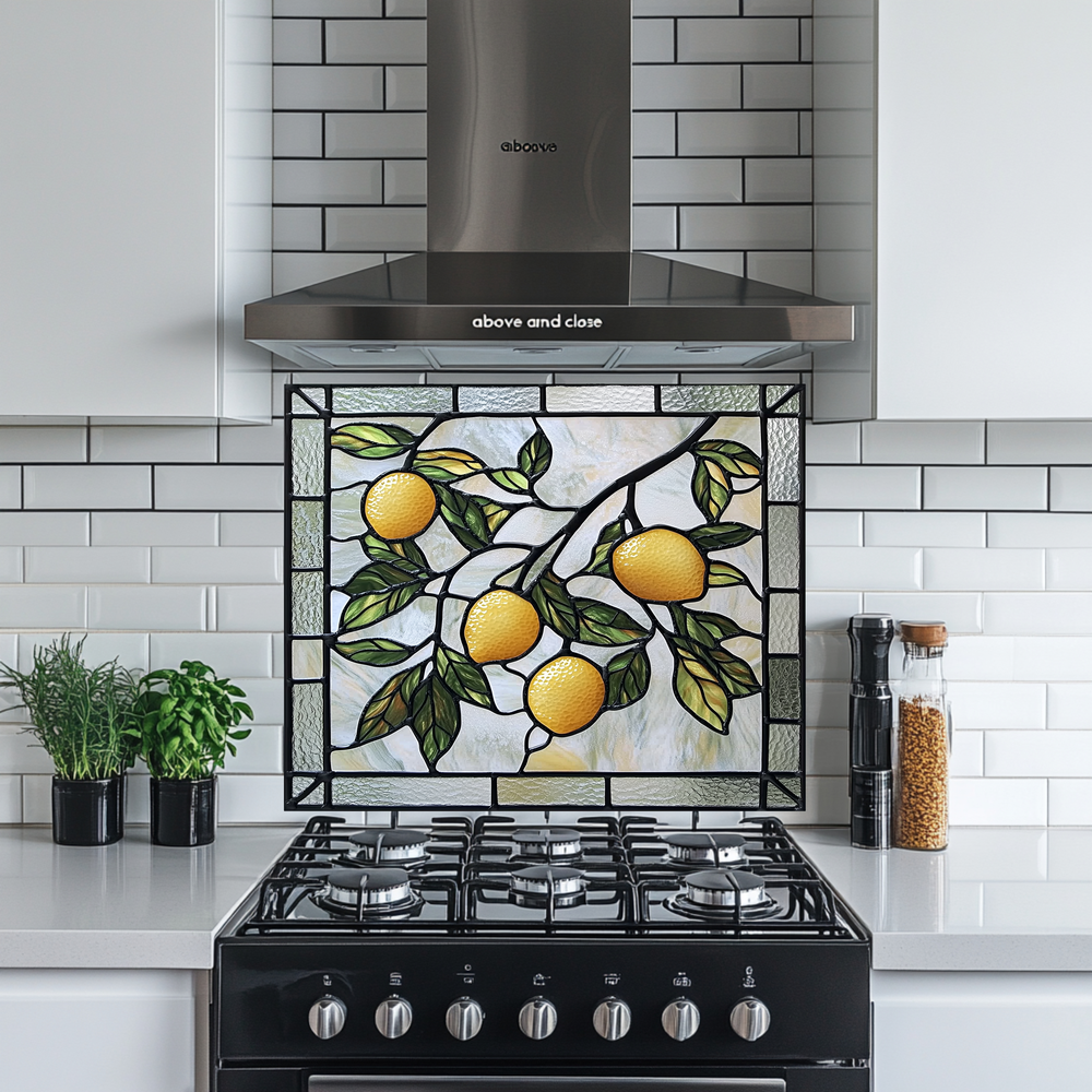 Stained Glass Look Kitchen Backsplash, Lemon Tile One Piece Tempered Glass Kitchen Splashback For Stove Behind, Oven Backsplash (Kopya)