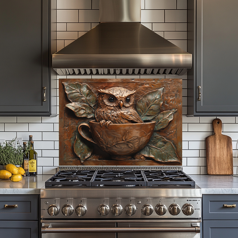 Rustic Owl Copper Look Glass Backsplash Panel, Embossed Style Owl Print on Tempered Glass Wall Art, Artistic Kitchen Splashback