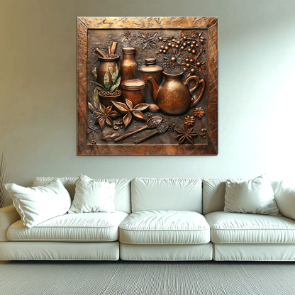 Copper Look Spice Bottles Print One Piece Tempered Glass Kitchen Splashback For Stove Behind, Kitchen Backsplash, Wall Art