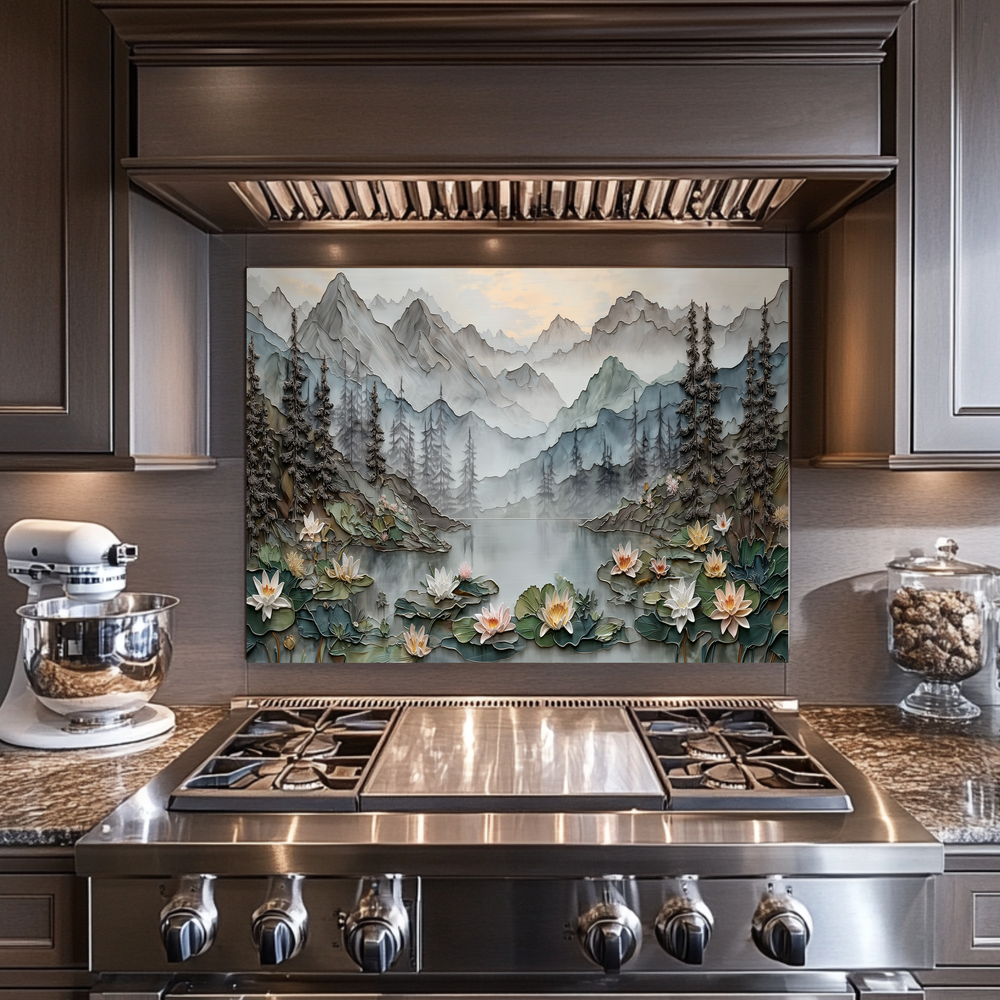 Made in USA, Floral Landscape Glass Backsplash & Wall Art – Pine Tree Splashback