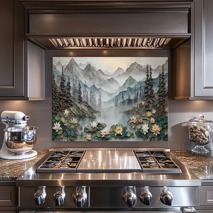 Made in USA, Floral Landscape Glass Backsplash & Wall Art – Pine Tree Splashback