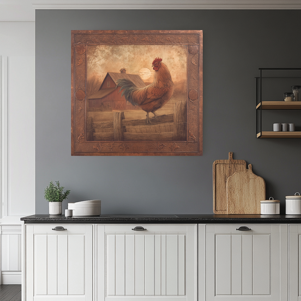 Copper Embossed Look Mediterranean Rooster Glass Backsplash • Rustic Kitchen Panel • Artistic Farmhouse Tile Design • Traditional Wall Piece