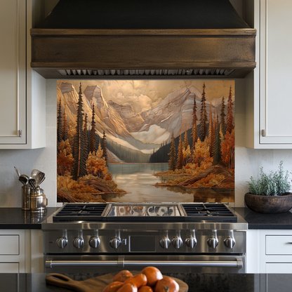 Handmade in USA Pine Tree and Mountain Glass Backsplash, Tempered Glass Splashback and Stove Behind Top Cover, Kitchen Sink Cover