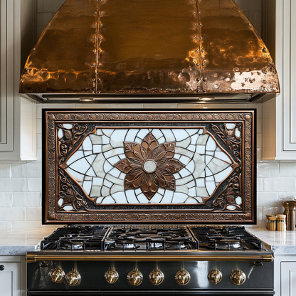 Copper Ottoman Tile Pattern Printed Tempered Glass Kitchen Splashback Backsplash Decorative Wall Panel for Stove Behind and Interior Decor