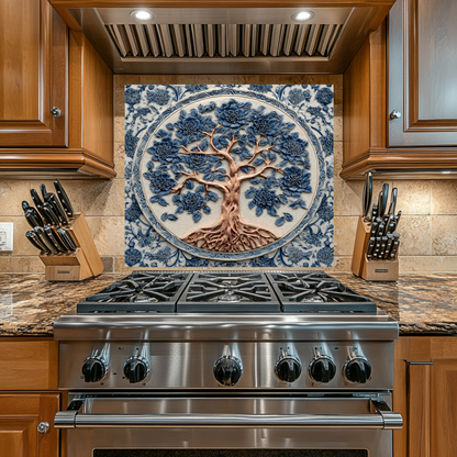 Delft Blue Tree of Life Kitchen Glass Backsplash • Stove Behind Cover • Nature Inspired Kitchen Splashback Panel • Colorful Home Decor