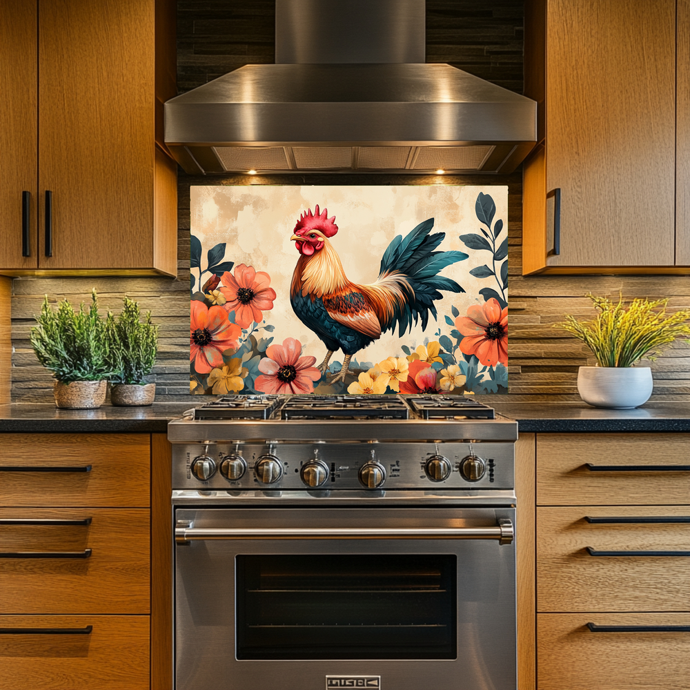 Rustic Colorful Rooster Glass Backsplash • Farmhouse Kitchen Panel • Vibrant Wall Art • Modern Home Decor • Decorative Kitchen Accent