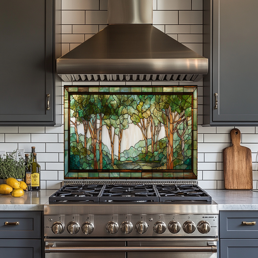 Stained Glass Look Forest Backsplash, Woodland Tree Scene Printed on Tempered Glass, Nature Inspired Kitchen Wall Art Panel