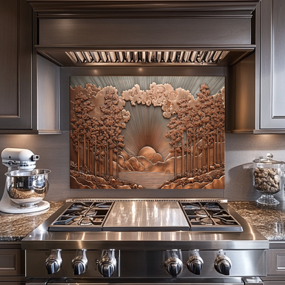 Copper Tone Sun Shine & Glass Tree Landscape Printed Tempered Glass Kitchen Backsplash Splashback or Wall Art Panel