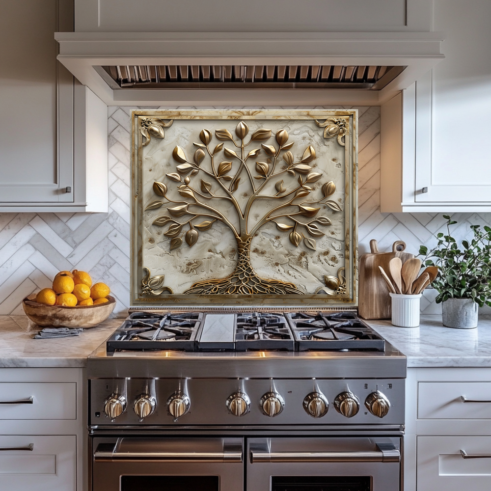 Stone Background Look Golden Tree of Life One Piece Tempered Glass Kitchen Splashback For Stove Behind, Kitchen Backsplash, Kitchen Backsplash, Wall Art