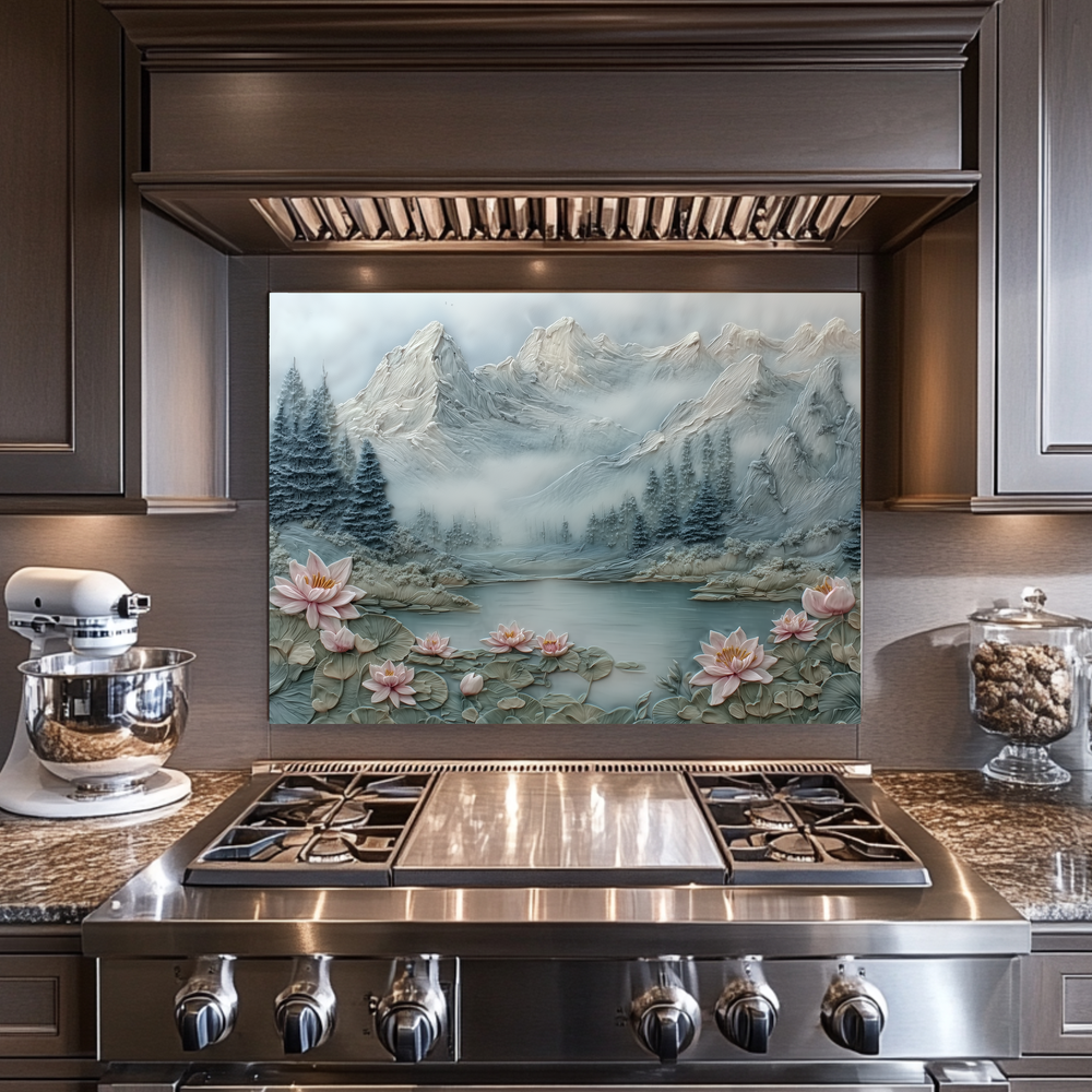 Made in USA, Floral Landscape Tempered Glass Backsplash Behind Stove & Wall Art – Rustic Pine Tree Splashback