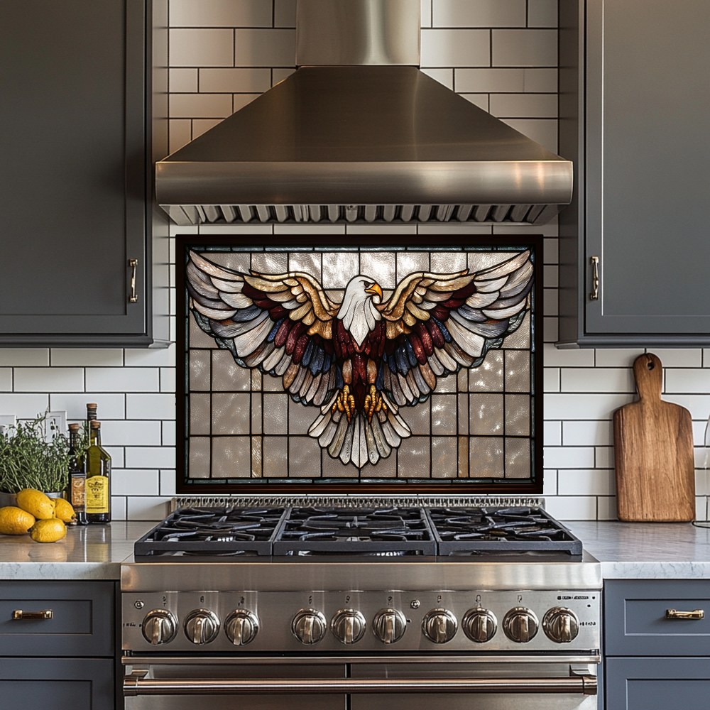 Stained Glass Style Eagle Glass Backsplash Panel, UV Printed Tempered Kitchen Wall Art, Nature Inspired Theme Decorative Glass Tile