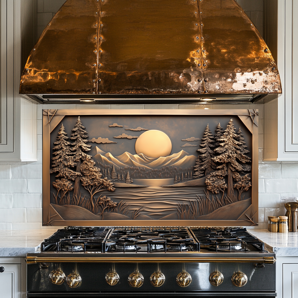 Copper Look Landscape Printed Tempered Glass Kitchen Splashback Backsplash Decorative Wall Art Panel for Modern Interiors