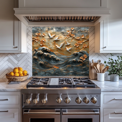 Waves and Pigeons Prints One Piece Tempered Glass Kitchen Splashback For Stove Behind, Kitchen Backsplash, Wall Art