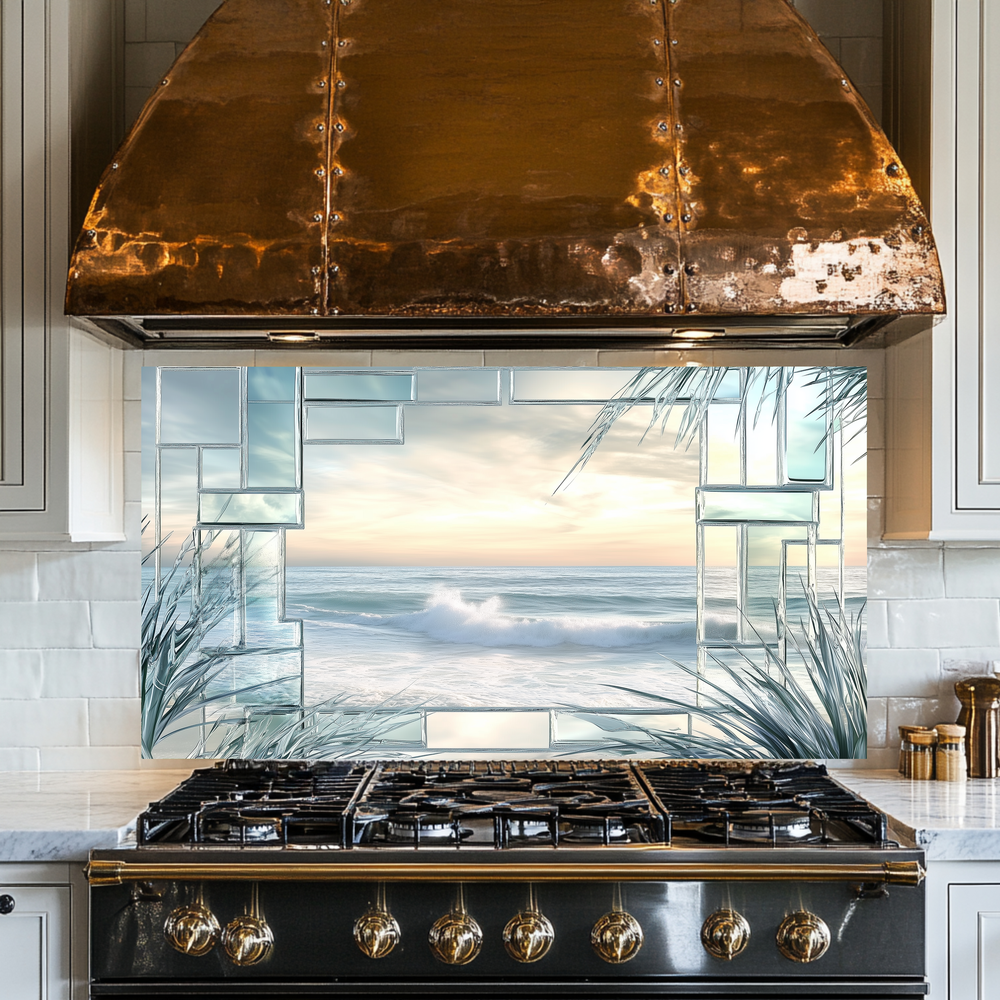 Ocean Landscape Scene Printed Tempered Glass Kitchen Backsplash Splashback Decorative Wall Art Panel for Modern Coastal Home Decor