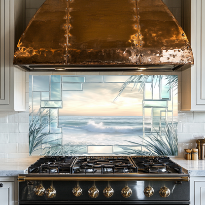 Ocean Landscape Scene Printed Tempered Glass Kitchen Backsplash Splashback Decorative Wall Art Panel for Modern Coastal Home Decor