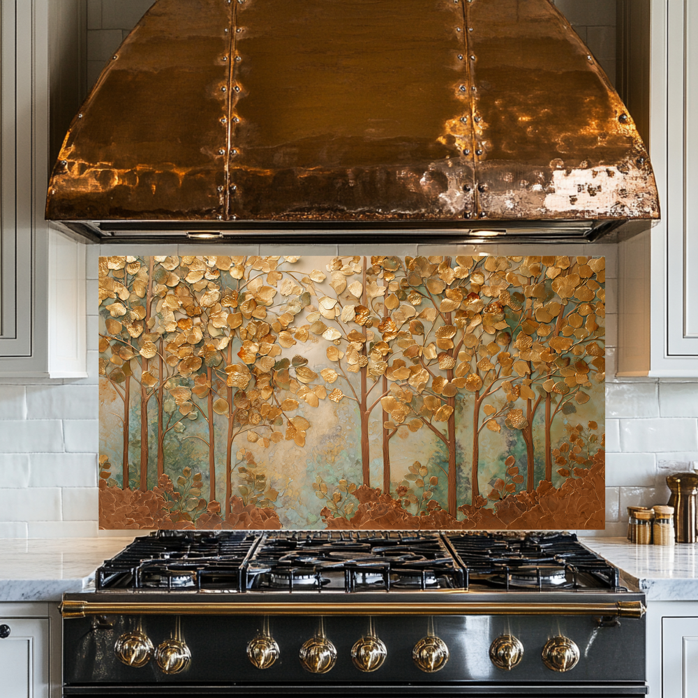 Forest Nature Artwork in Copper Tones Printed Tempered Glass Kitchen Splashback Backsplash Wall Panel for Modern Rustic Decor