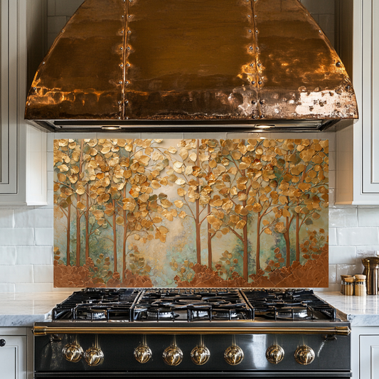 Forest Nature Artwork in Copper Tones Printed Tempered Glass Kitchen Splashback Backsplash Wall Panel for Modern Rustic Decor