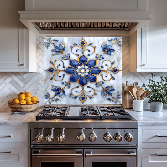 Blue Pattern Marble Look One Piece Tempered Glass Kitchen Splashback For Stove Behind, Kitchen Backsplash, Kitchen Backsplash, Wall Art