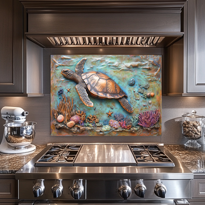 Copper Embossed Look Sea Turtle Glass Backsplash • Coastal Kitchen Panel • Artistic Ocean Texture • Nautical Decorative Panel