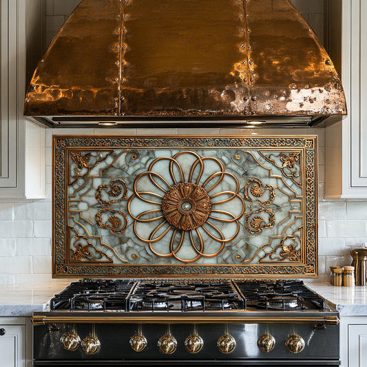 Copper Look Ottoman Tile Pattern Printed Tempered Glass Kitchen Backsplash Decorative Wall Panel for Stove Behind and Interior Decor