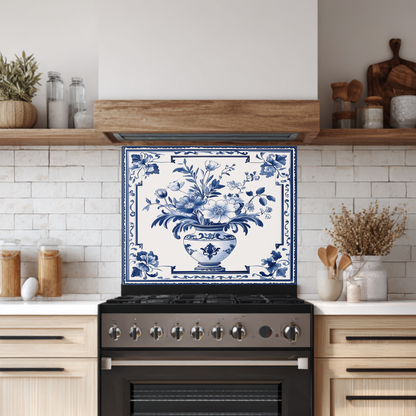 Delft Blue Vase One Piece Tempered Glass Kitchen Splashback For Stove Behind, Kitchen Backsplash, Wall Art