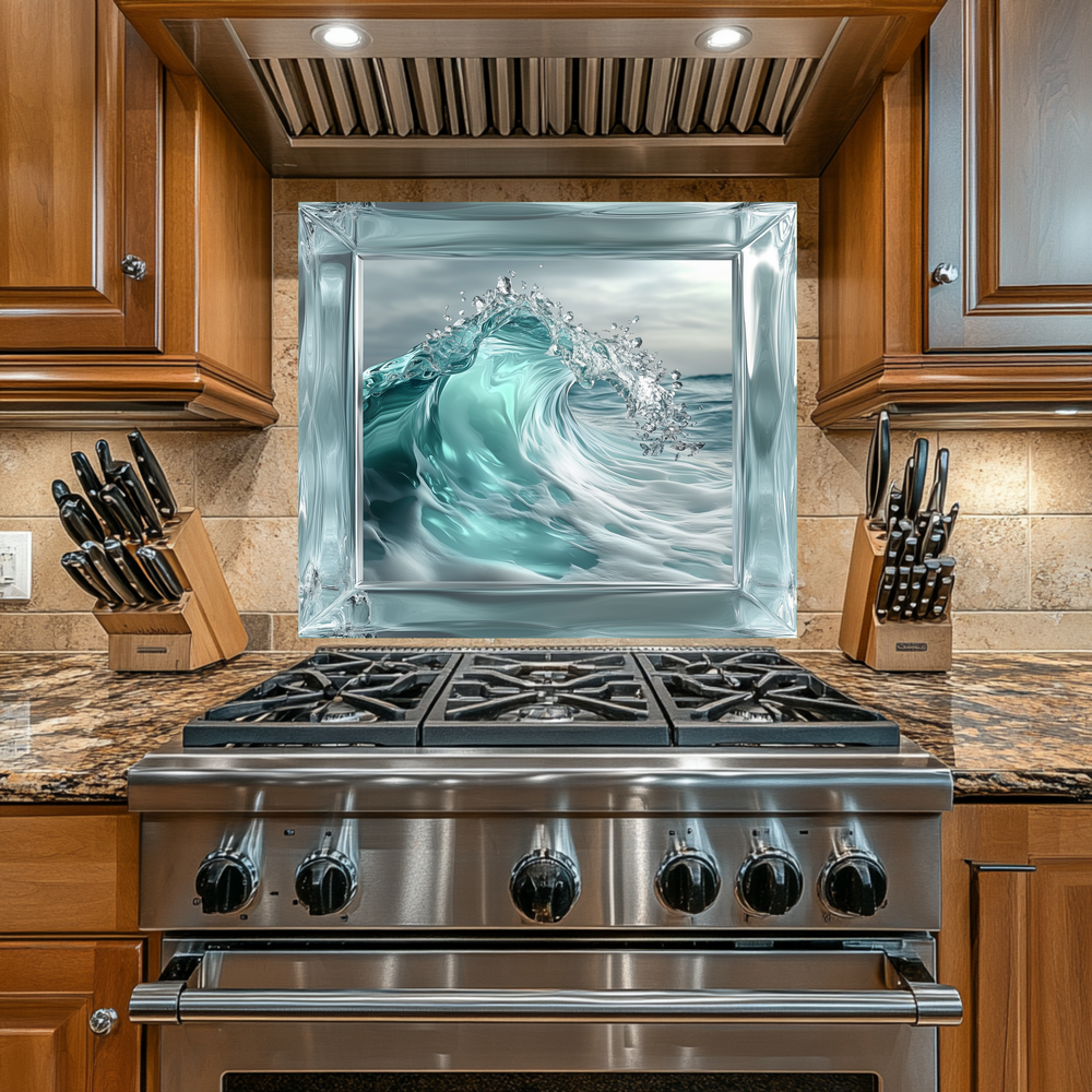 Ocean Wave Framed Look One Piece Tempered Glass Kitchen Backsplash for Stove Behind, Kitchen Splashback, Glass Wall Art