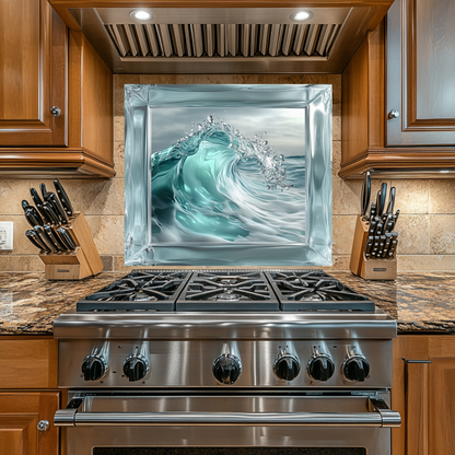 Ocean Wave Framed Look One Piece Tempered Glass Kitchen Backsplash for Stove Behind, Kitchen Splashback, Glass Wall Art