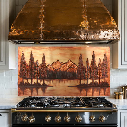 Copper Tone Mountain & Glass Tree Landscape Printed Tempered Glass Kitchen Backsplash Splashback or Wall Art Panel