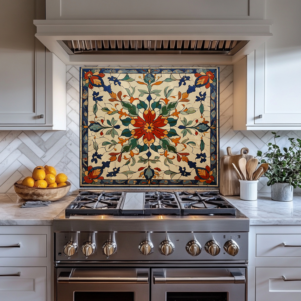 Red Ottoman Patterns One Piece Tempered Glass Kitchen Splashback For Stove Behind, Kitchen Backsplash, Kitchen Backsplash, Wall Art