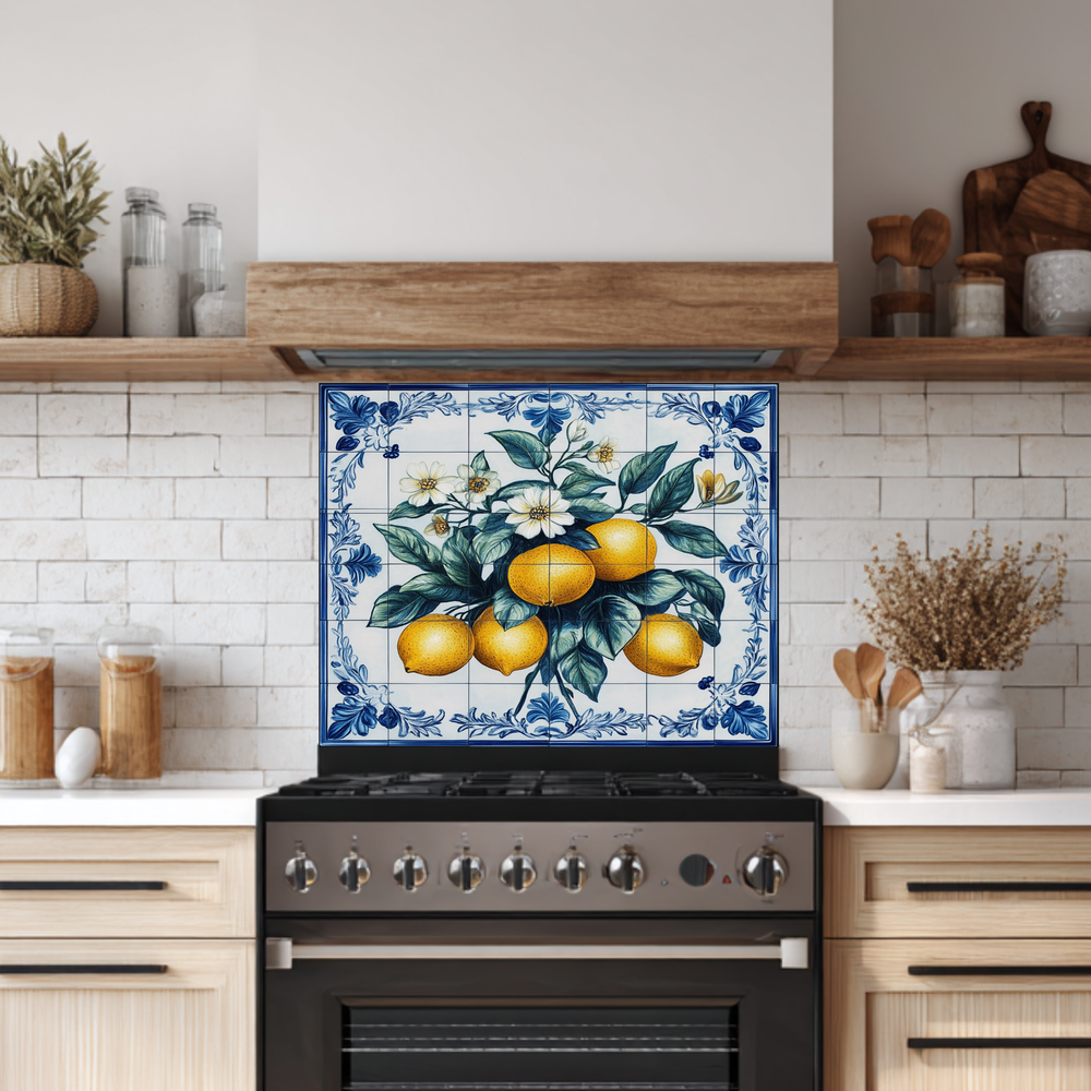 Lemon Branches One Piece Tempered Glass Kitchen Splashback For Stove Behind, Kitchen Backsplash, Wall Art