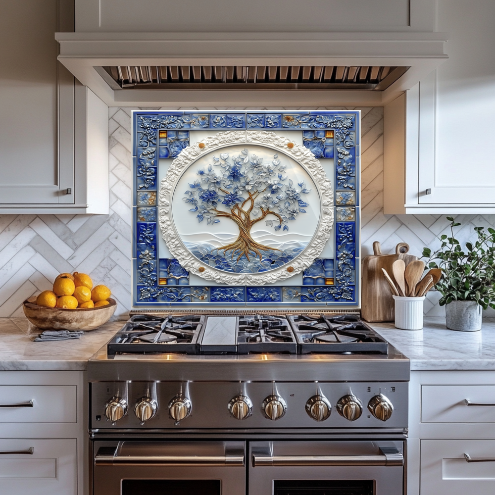 Tree of Life Relief Effected Look One Piece Tempered Glass Kitchen Splashback For Stove Behind, Kitchen Backsplash, Kitchen Backsplash, Wall Art