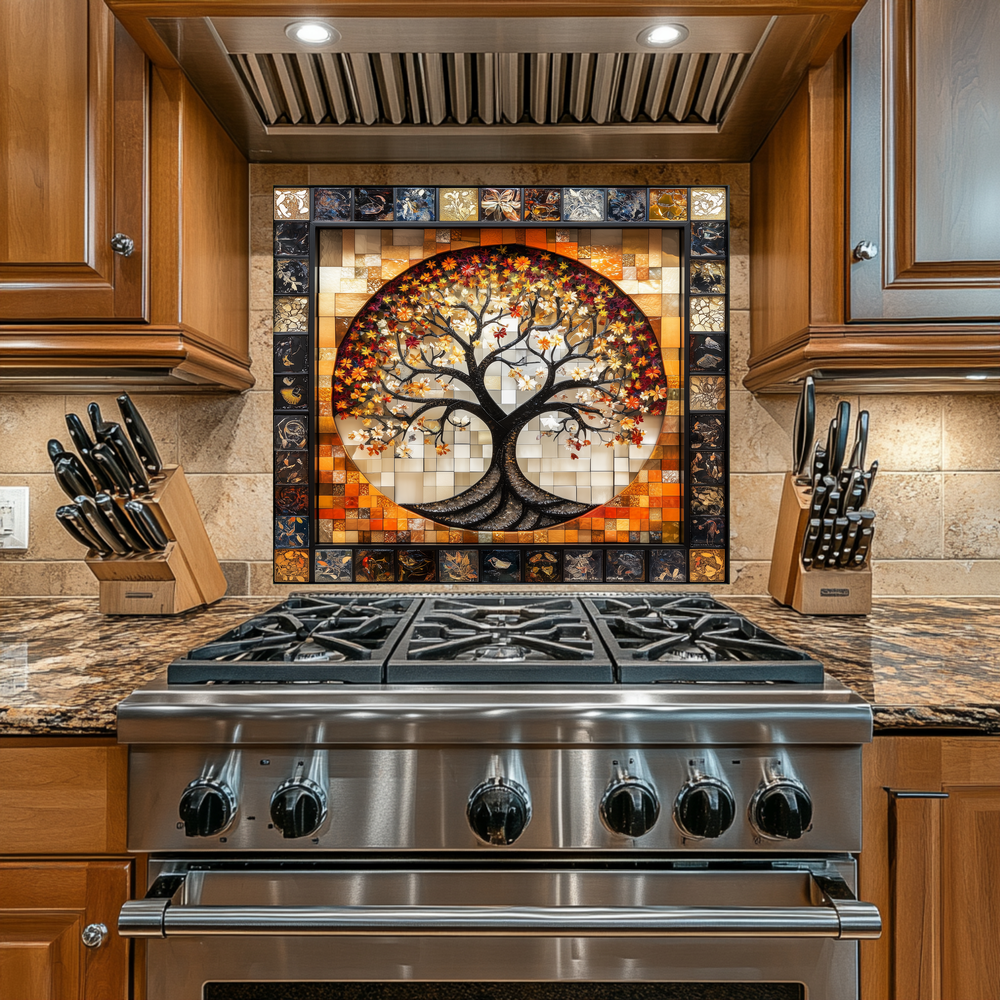 Stunning Life of Tree Mosaic Look One Piece Tempered Glass Kitchen Backsplash for Stove Behind, Kitchen Splashback, Glass Wall Art
