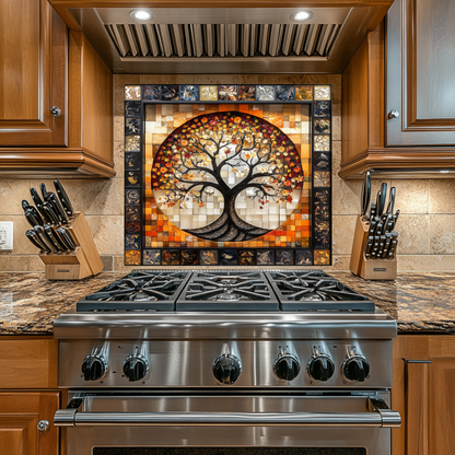 Stunning Life of Tree Mosaic Look One Piece Tempered Glass Kitchen Backsplash for Stove Behind, Kitchen Splashback, Glass Wall Art