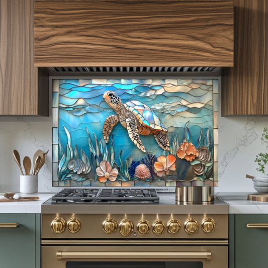 Sea Turtle Print One Piece Tempered Glass Kitchen Splashback For Stove Behind, Kitchen Backsplash, Wall Art, Kitchen Backsplash, Wall Art