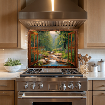 Nature View Glass Backsplash Panel, Scenic Landscape Tempered Glass Wall Art, Serene Kitchen Decor, Window Style Nature Scene, Home Accent