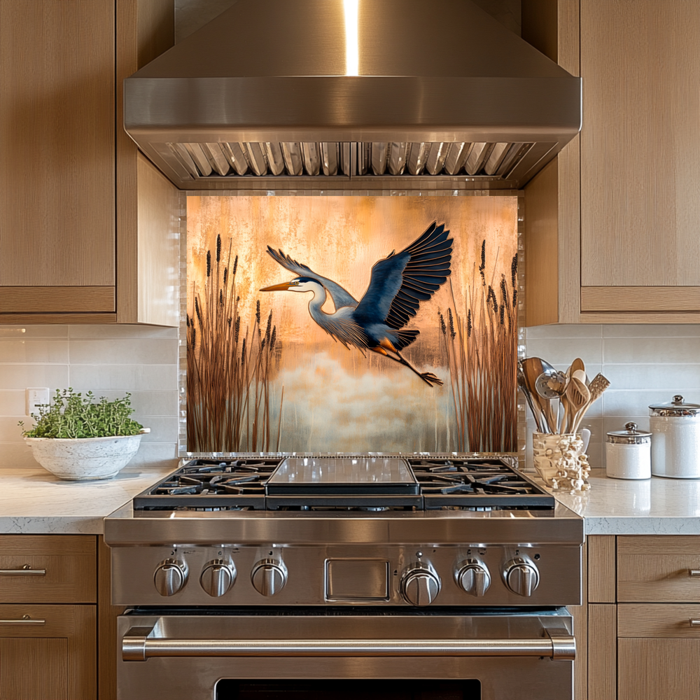Copper Blue Heron Glass Backsplash Panel, Nature Inspired Kitchen Wall Art, Bird Theme Decorative Glass Tile, Rustic Coastal Home Decor