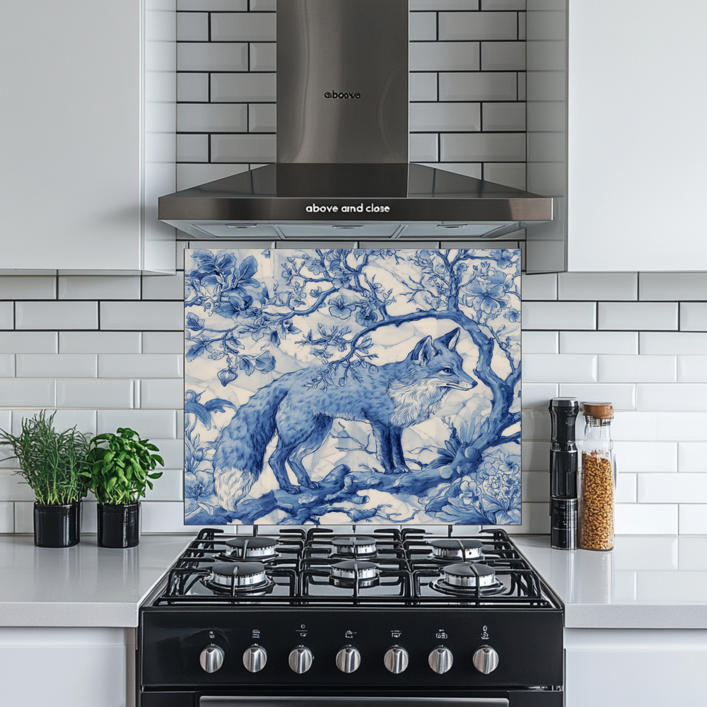 Delft Blue Fox Kitchen Glass Backsplash • Stove Behind Cover • Nature Inspired Kitchen Splashback Panel • Blue-White Home Decor