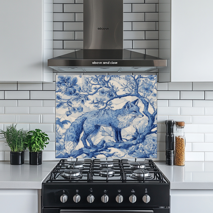 Delft Blue Fox Kitchen Glass Backsplash • Stove Behind Cover • Nature Inspired Kitchen Splashback Panel • Blue-White Home Decor